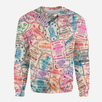 Thumbnail for Passport Stamps aviation design printed on soft cotton blend 3D sweatshirt.