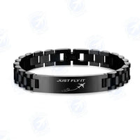 Thumbnail for Just Fly It aviation chain bracelet, stainless steel body with engraved detail.