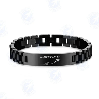 Just Fly It aviation chain bracelet, stainless steel body with engraved detail.