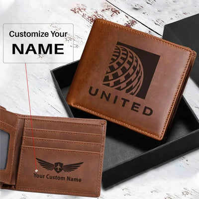 United Airlines aviation laser-engraved leather wallet in leather.