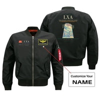 Thumbnail for Lhasa Gonggar International Airport (LXA) design on black bomber jacket with custom name patch
