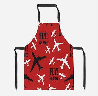 Fly Be Free Red aviation design on durable cotton blend kitchen apron.