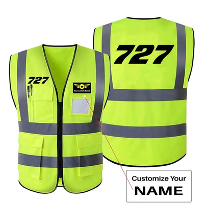 Boeing 727 Flat Text aviation design printed on high-visibility reflective fabric reflective vest.