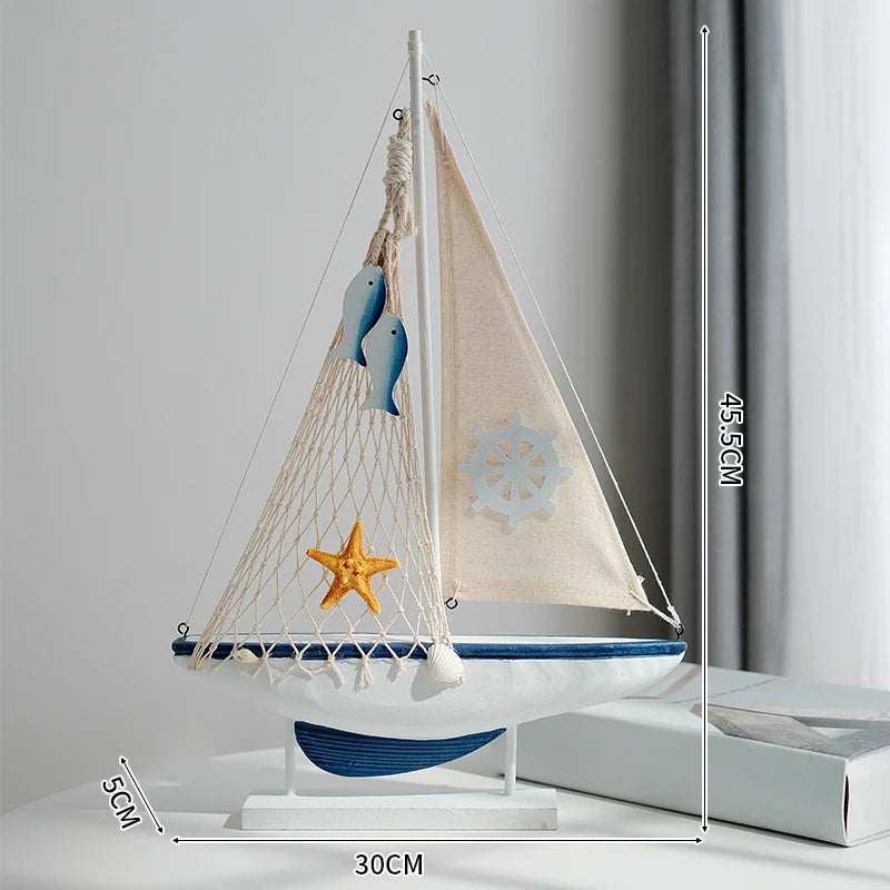 Side view of Beige Dark blue Nautical Wooden Sailboat Model Ornament aviation model ship in diecast metal or wood with detail.