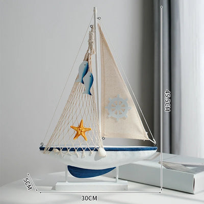 Side view of Beige Dark blue Nautical Wooden Sailboat Model Ornament aviation model ship in diecast metal or wood with detail.