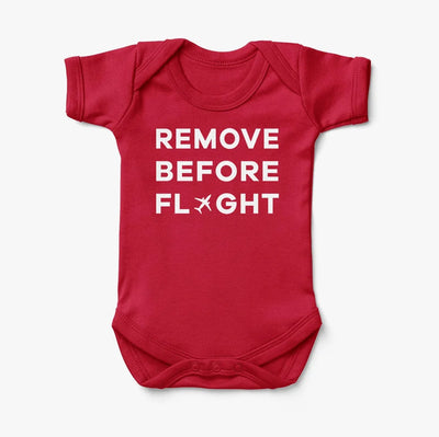 Remove Before Flight aviation print on kids gentle cotton bodysuit.