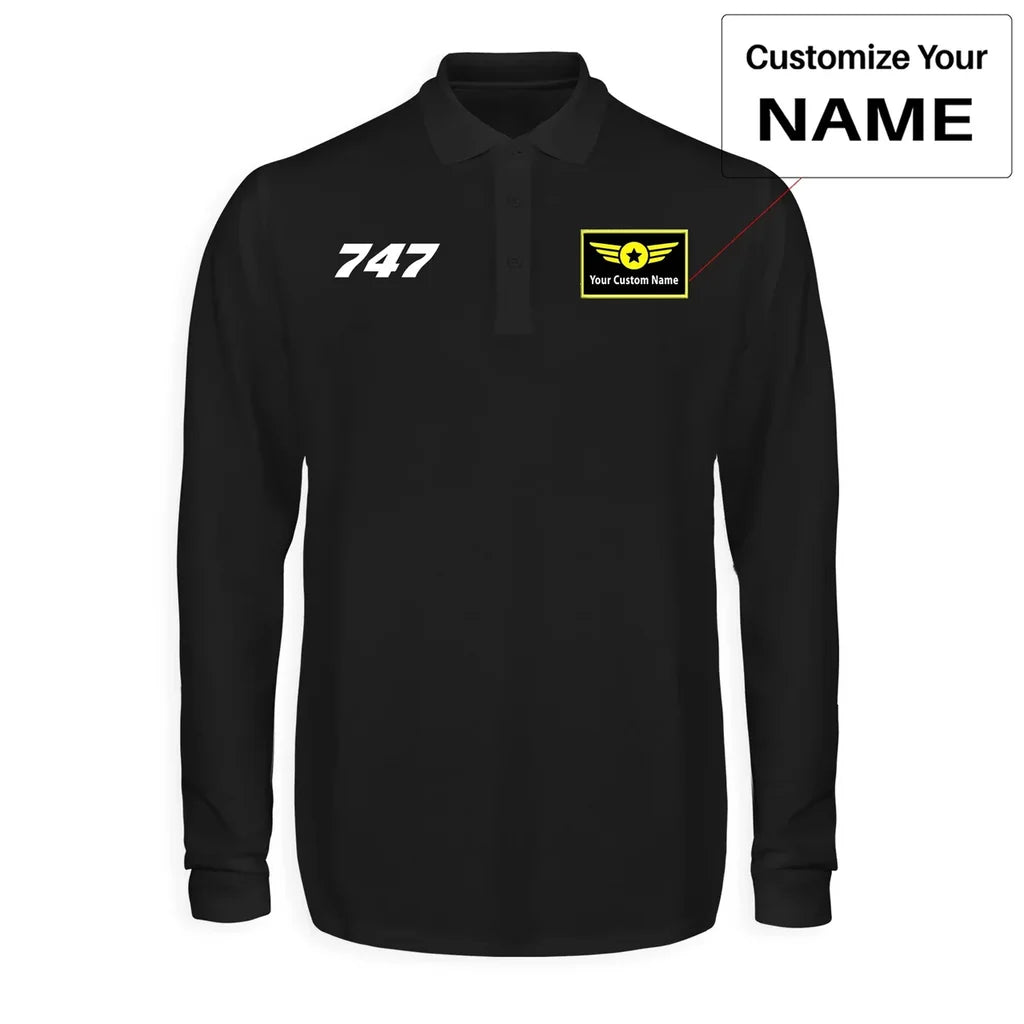 Boeing 747 Flat Text aviation design printed on soft cotton long-sleeve polo shirt.
