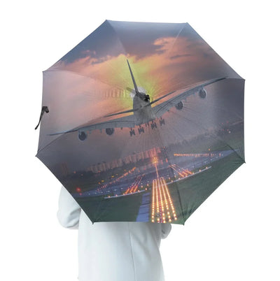 Super Airbus A380 Landing During Sunset aviation design on windproof polyester umbrella.