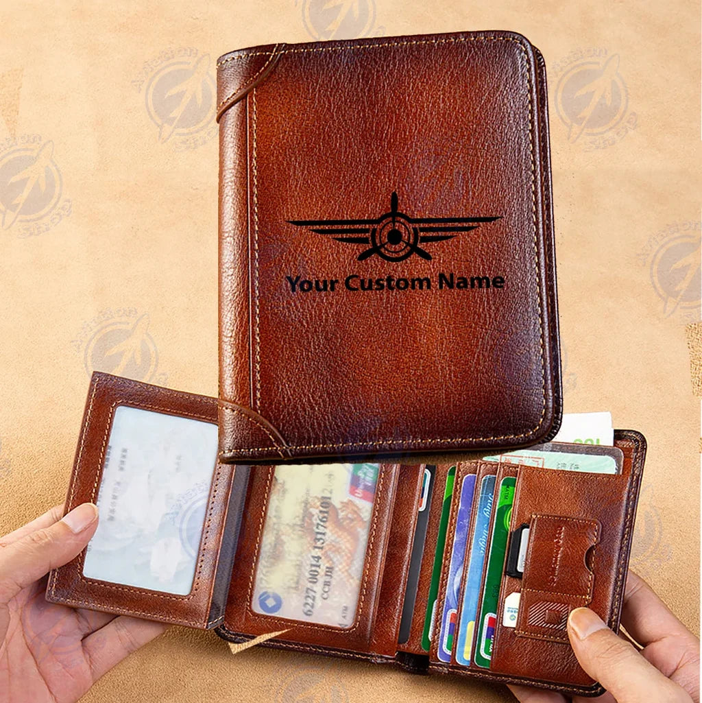 Custom Name (Badge 3) aviation print leather wallet, leather.