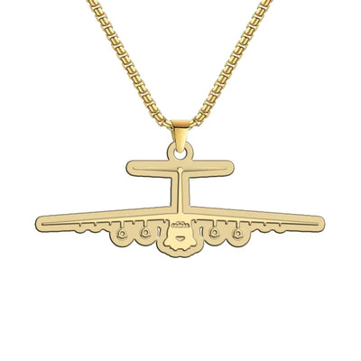 Side view of Ilyushin IL-76 Silhouette aviation hollow necklace in polished metal, polished finish.