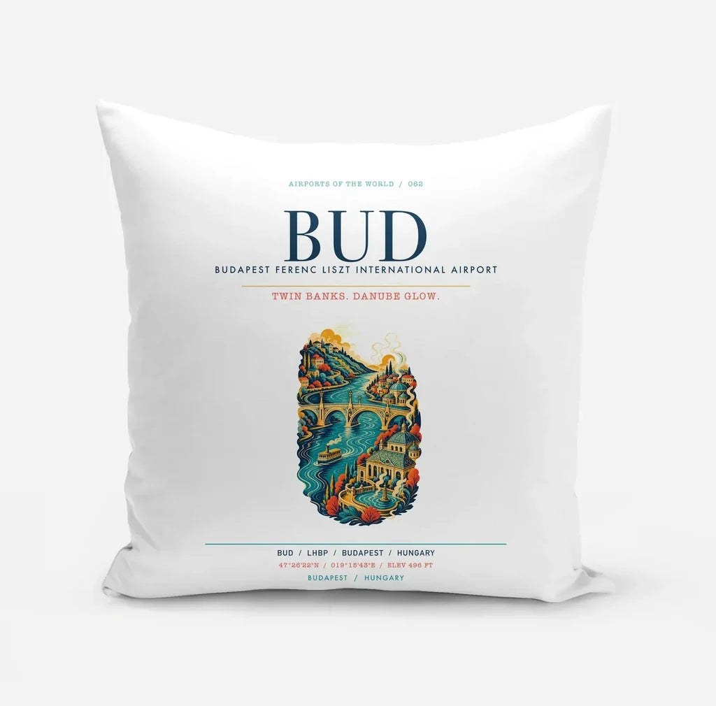 Budapest Ferenc Liszt International Airport (BUD) design on white pillow
