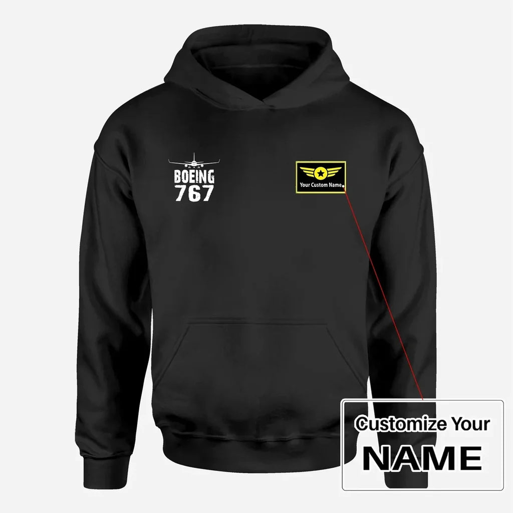 Boeing 767 & Plane aviation design on soft cotton blend men's hoodie with small chest logo.