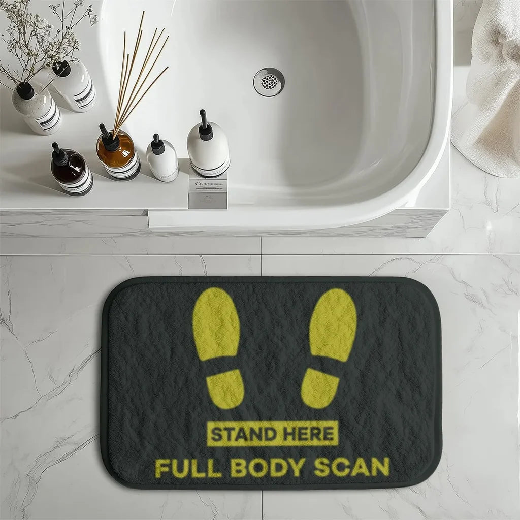 Full Body Scan aviation print bath mat, soft absorbent fabric with non-slip backing.