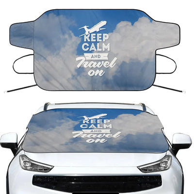Keep Calm and Travel On Car aviation design on car windshield cover.