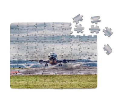 Departing Boeing 737 aviation design puzzle, premium cardboard.