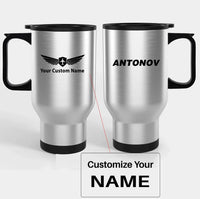 Thumbnail for Antonov & Text Travel Mugs (With Holder) aviation design on travel mug with holder, insulated double-wall with car-cup base.
