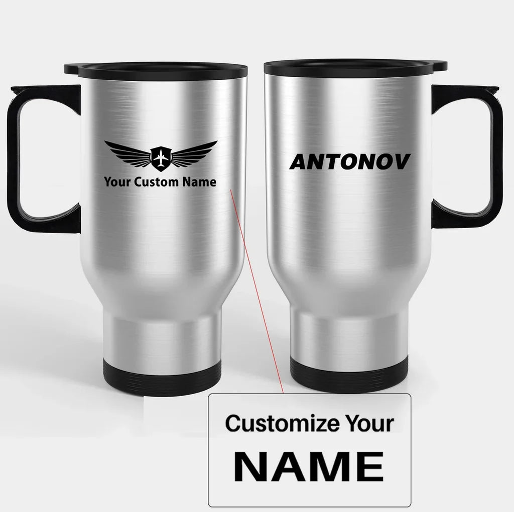 Antonov & Text Travel Mugs (With Holder) aviation design on travel mug with holder, insulated double-wall with car-cup base.