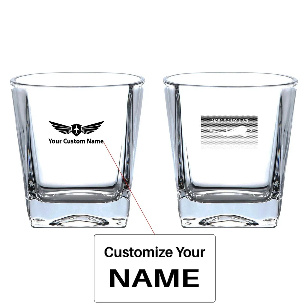 Airbus A350XWB & Dots aviation design on whiskey glass, crystal-clear premium glassware.
