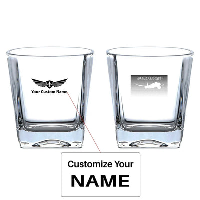 Airbus A350XWB & Dots aviation design on whiskey glass, crystal-clear premium glassware.