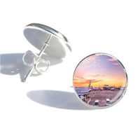 Thumbnail for Airport Photo During Sunset aviation stud earrings, stainless steel body with engraved detail.