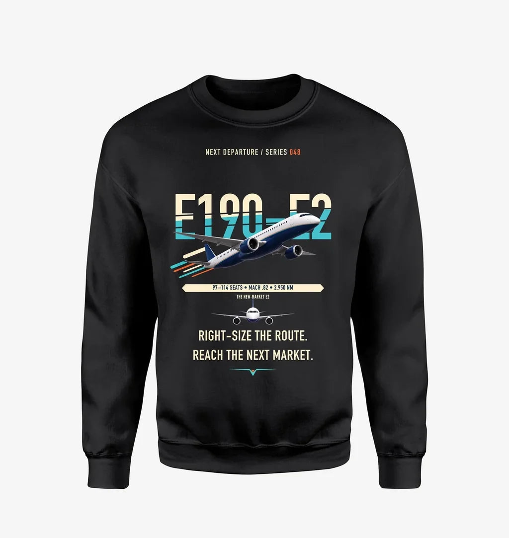 Embraer E190-E2 design on black sweatshirt