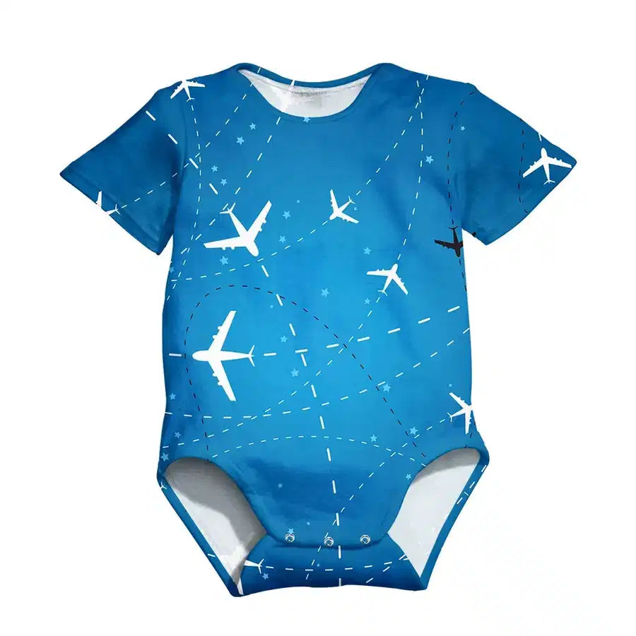 Travelling with aviation design on gentle cotton 3D-printed baby bodysuit.