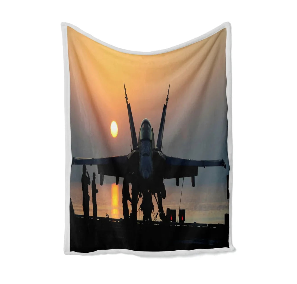 Military Jet During Sunset Bed Blankets & aviation print on soft fleece blanket.