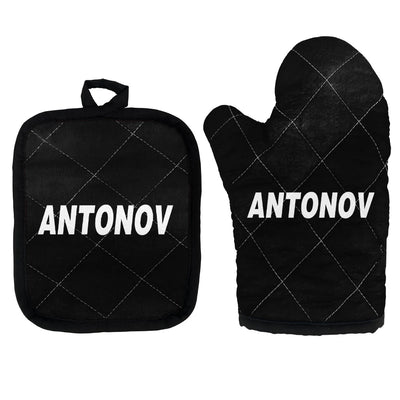 Antonov & Text Kitchen Glove & Holder aviation design on durable fabric with insulated lining kitchen glove holder.