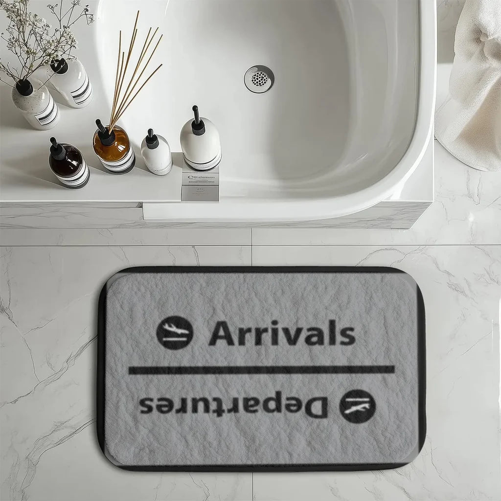 Arrival and Departures 4 (Gray) aviation print bath mat, soft absorbent fabric with non-slip backing.