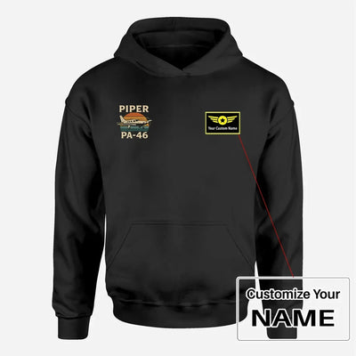 Retro Piper PA-46 aviation design on soft cotton blend men's hoodie with small chest logo.