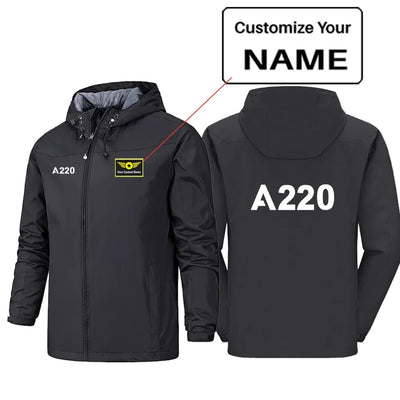 Airbus A220 Flat Text Rain Jackets & Windbreakers aviation design printed on waterproof shell with sealed seams rain jacket.