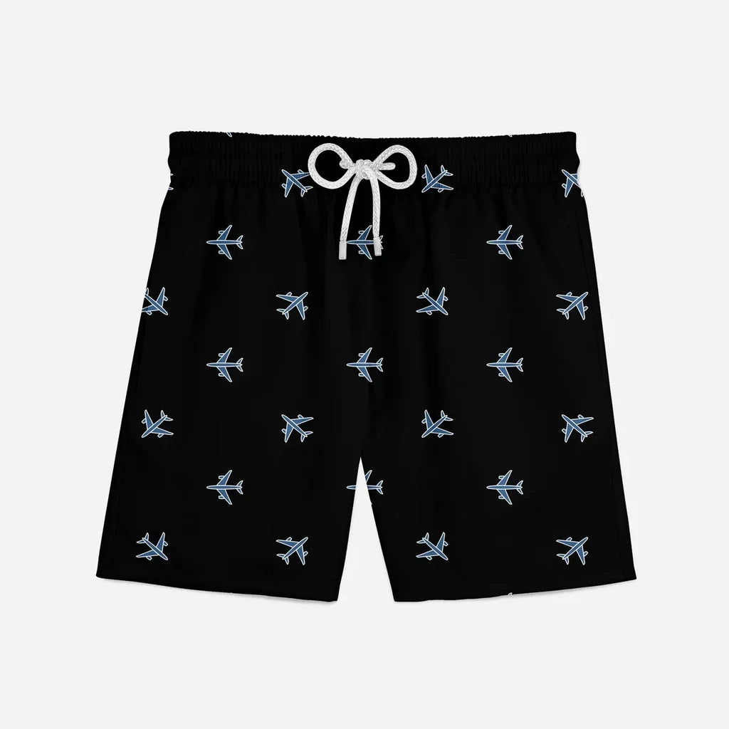 Nice Airplanes (Black) aviation print swim trunks, quick-dry polyester.