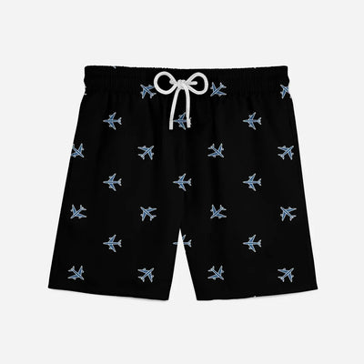 Nice Airplanes (Black) aviation print swim trunks, quick-dry polyester.