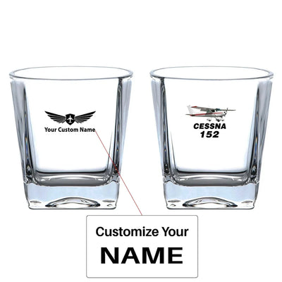 The Cessna 152 aviation design on whiskey glass, crystal-clear premium glassware.