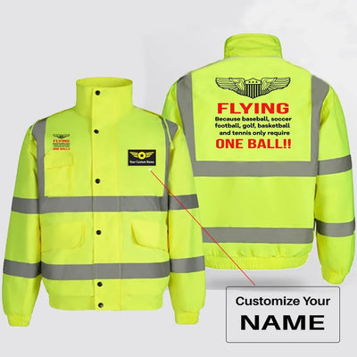 Flying One Ball aviation design printed on insulated shell with high-visibility reflective panels reflective winter jacket.