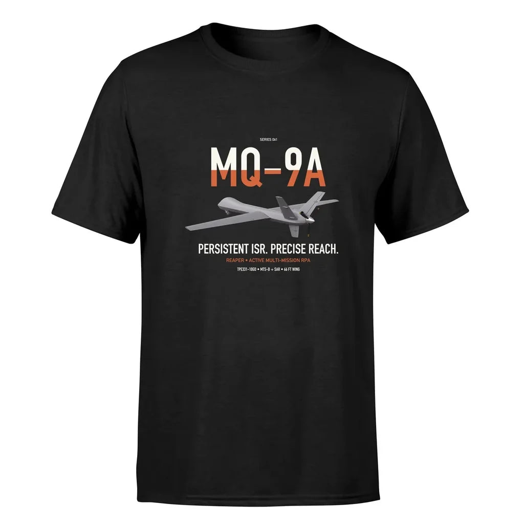 MQ-9A Reaper design on black double-side t-shirt, single-side print