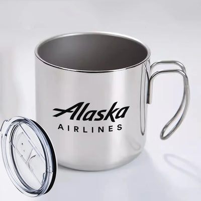 Alaska Airlines aviation design on portable mug, vacuum-insulated double-wall.