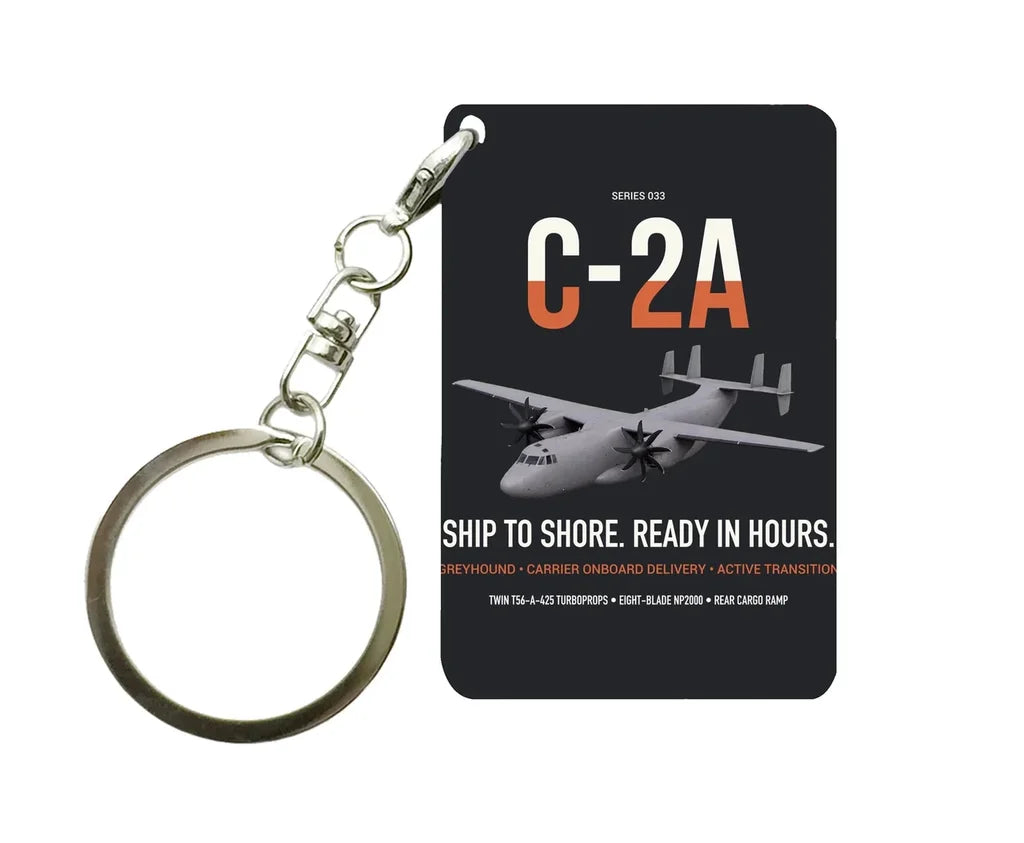 C-2A Greyhound design on black designed key chain, double-side print