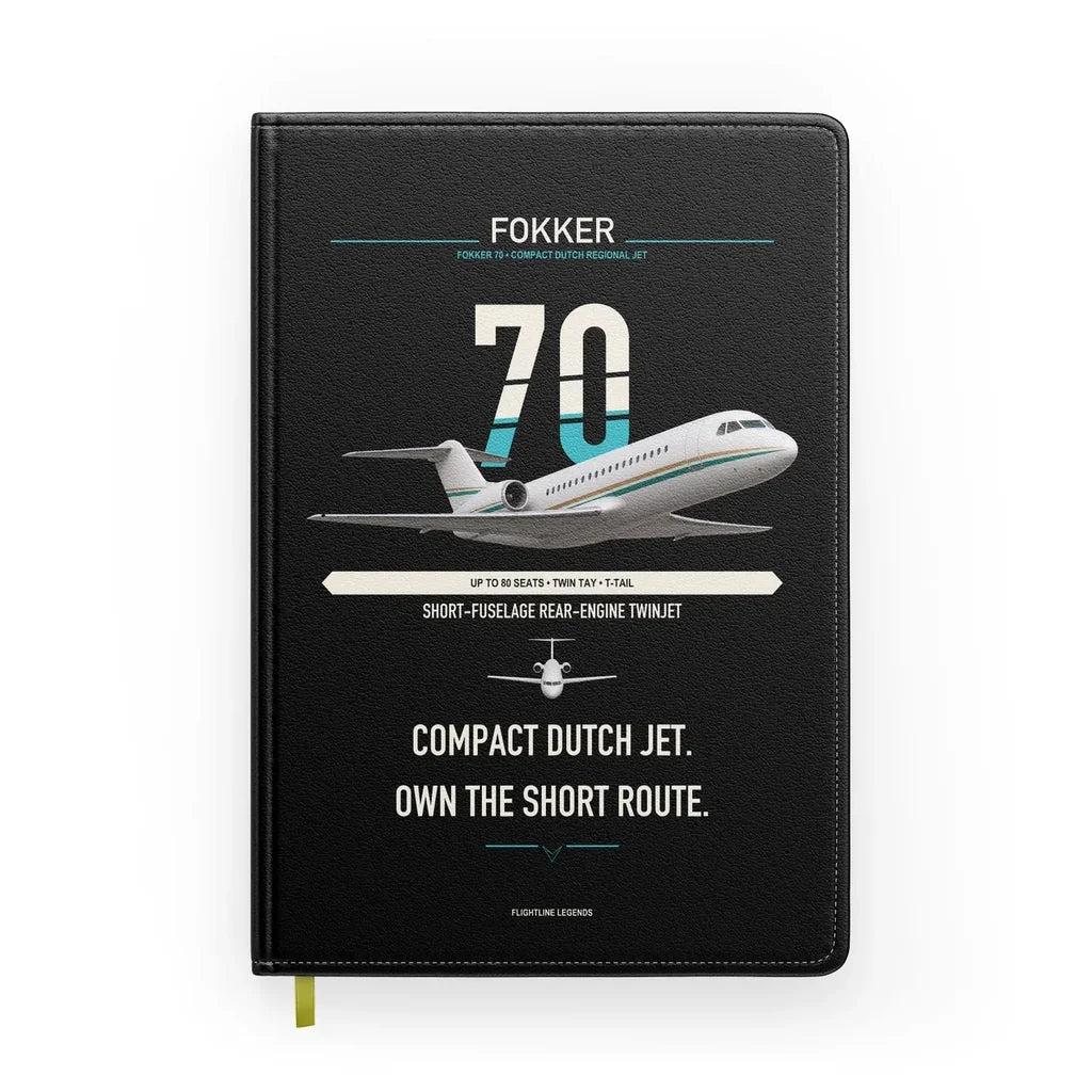 Fokker 70 design on black notebook