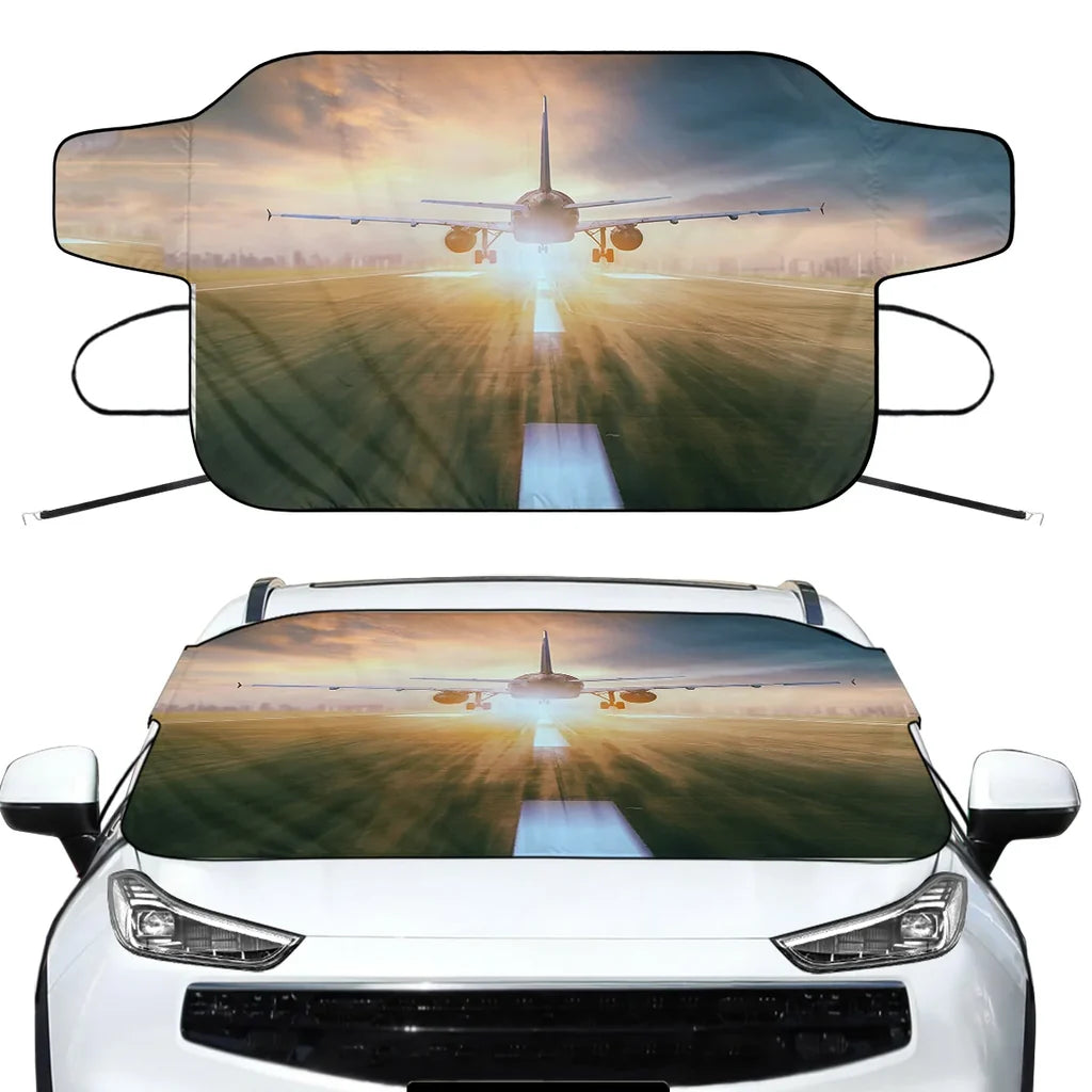 Airplane Flying Over Runway Car aviation design on car windshield cover.