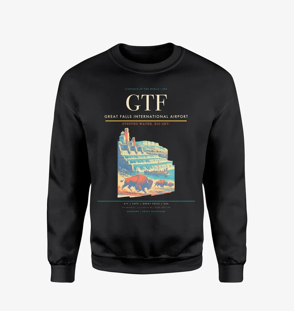 Great Falls International Airport (GTF) design on black sweatshirt