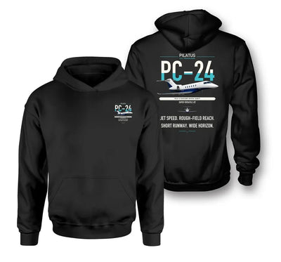 Pilatus PC-24 design on black double-side hoodie, double-side print