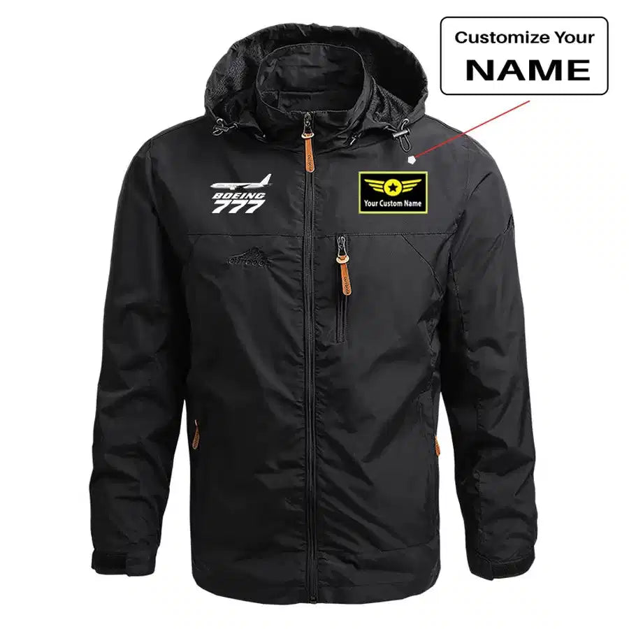 The Boeing 777 aviation design printed on lightweight shell with slim fit stylish thin jacket.
