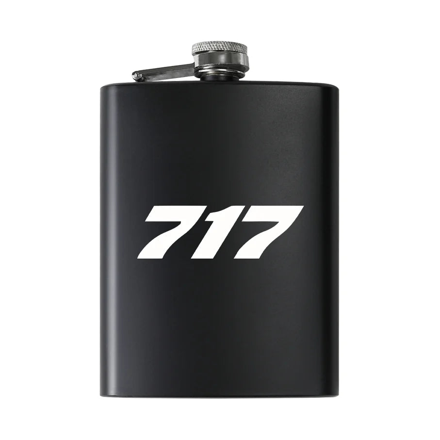 Boeing 717 Flat Text aviation design on stainless hip flask, compact pocket-size flask.
