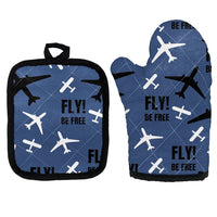 Thumbnail for Fly Be Free Blue Kitchen Glove & Holder aviation design on durable fabric with insulated lining kitchen glove holder.