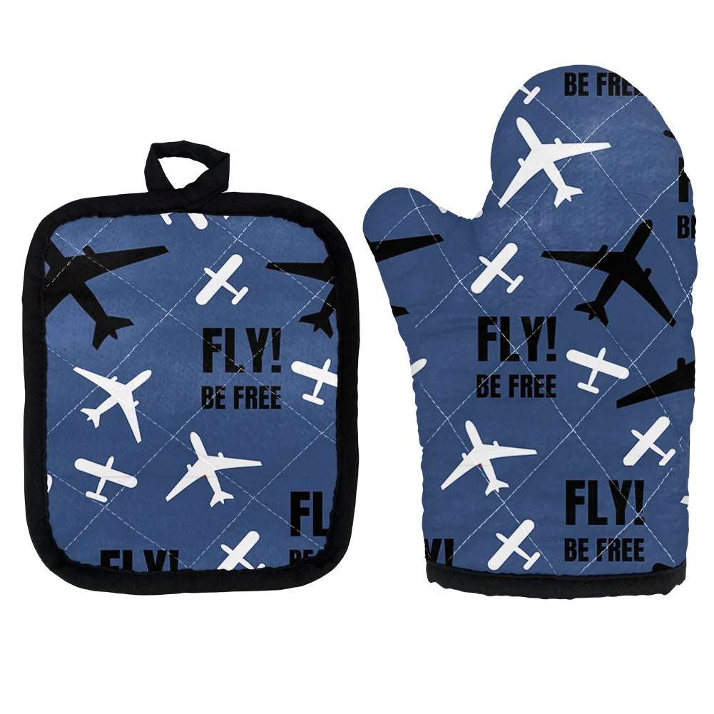 Fly Be Free Blue Kitchen Glove & Holder aviation design on durable fabric with insulated lining kitchen glove holder.