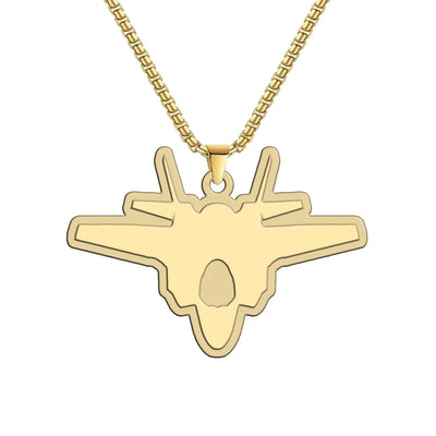 Lockheed Martin F-35 Lightning II Silhouette aviation-themed hollow necklace, polished metal.