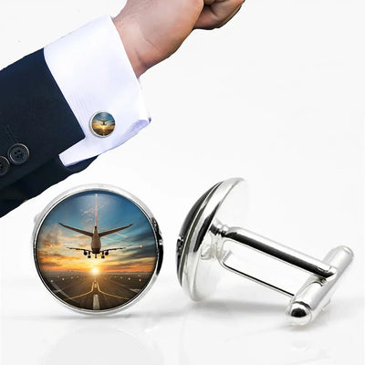 Side view of Airplane over Runway Towards the Sunrise aviation cuff links in polished metal, polished finish.