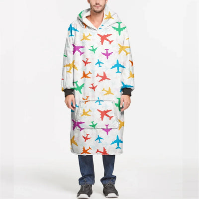 Cheerful Seamless Airplanes aviation design on soft fleece blanket hoodie.
