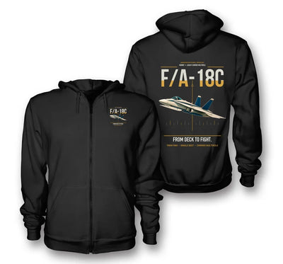 F-A-18C Hornet design on black premium zipped hoodie, double-side print